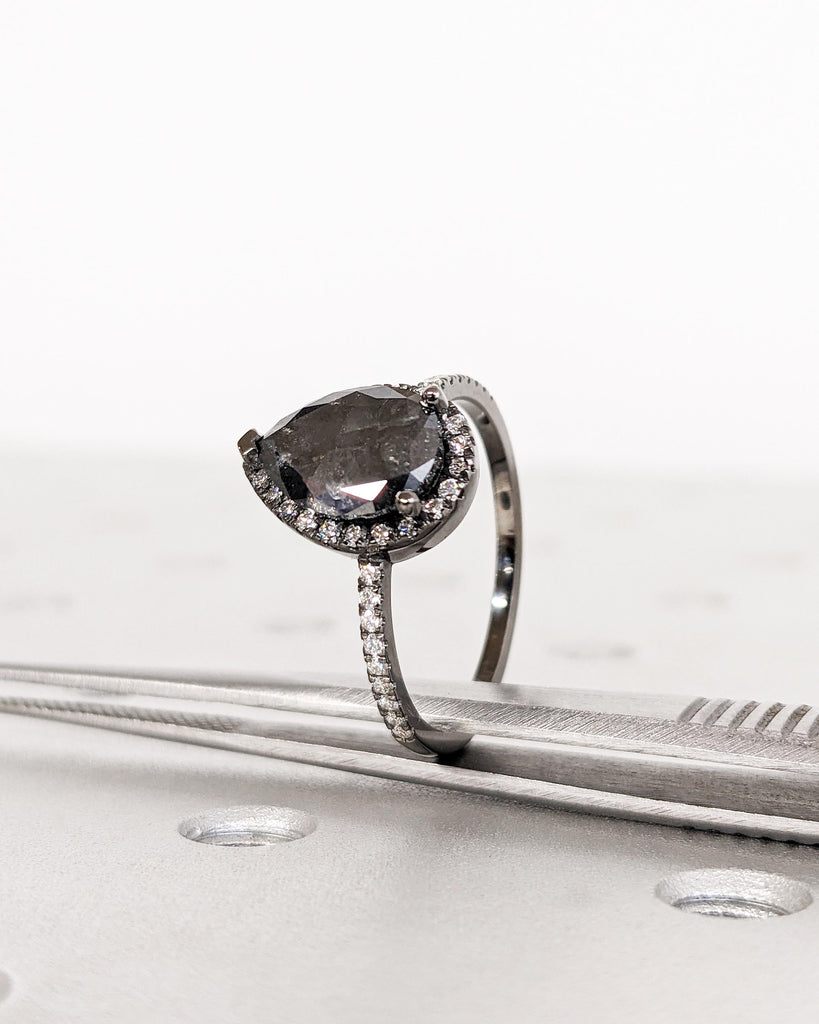 Galaxy Salt and Pepper Diamond Ring | Pear Cut Engagement Ring | Moissanite Halo Ring | Half Eternity Moissanite Band | 14k Black Gold Ring