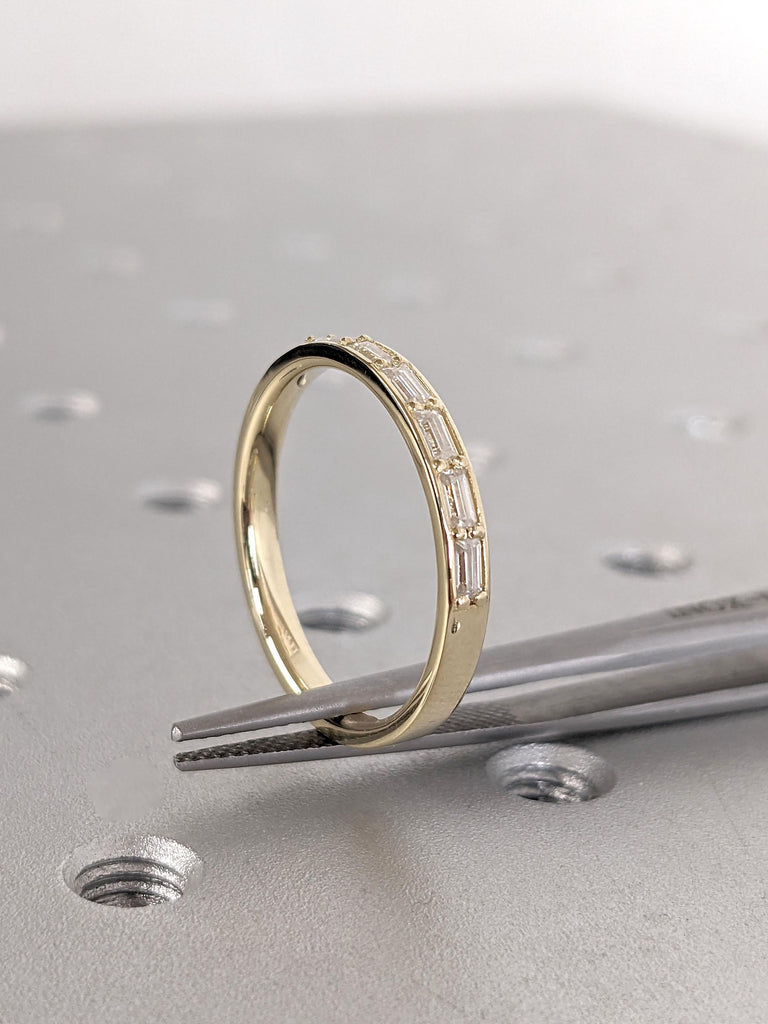 14k Yellow Gold Dainty Wedding Band | Baguette cut Moissanite Ring