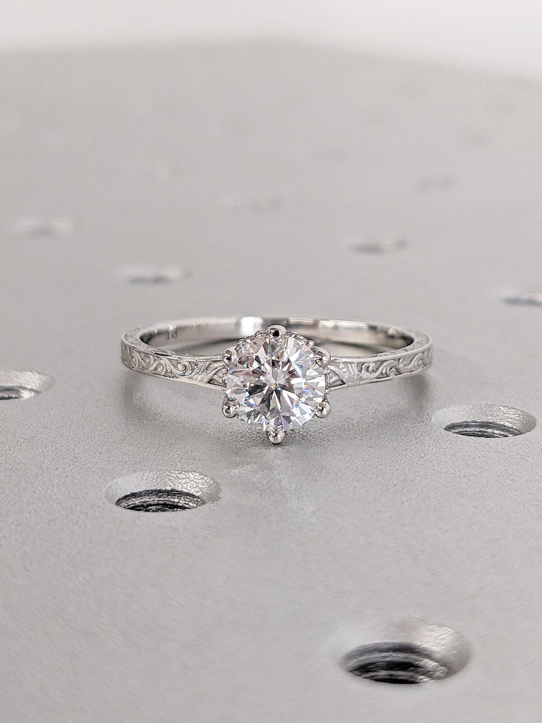 Vintage Round Moissanite Engagement Ring, Platinum Hidden Halo Wedding Ring, Vintage Filigree Diamond Ring, Unique Art Deco Diamond Ring