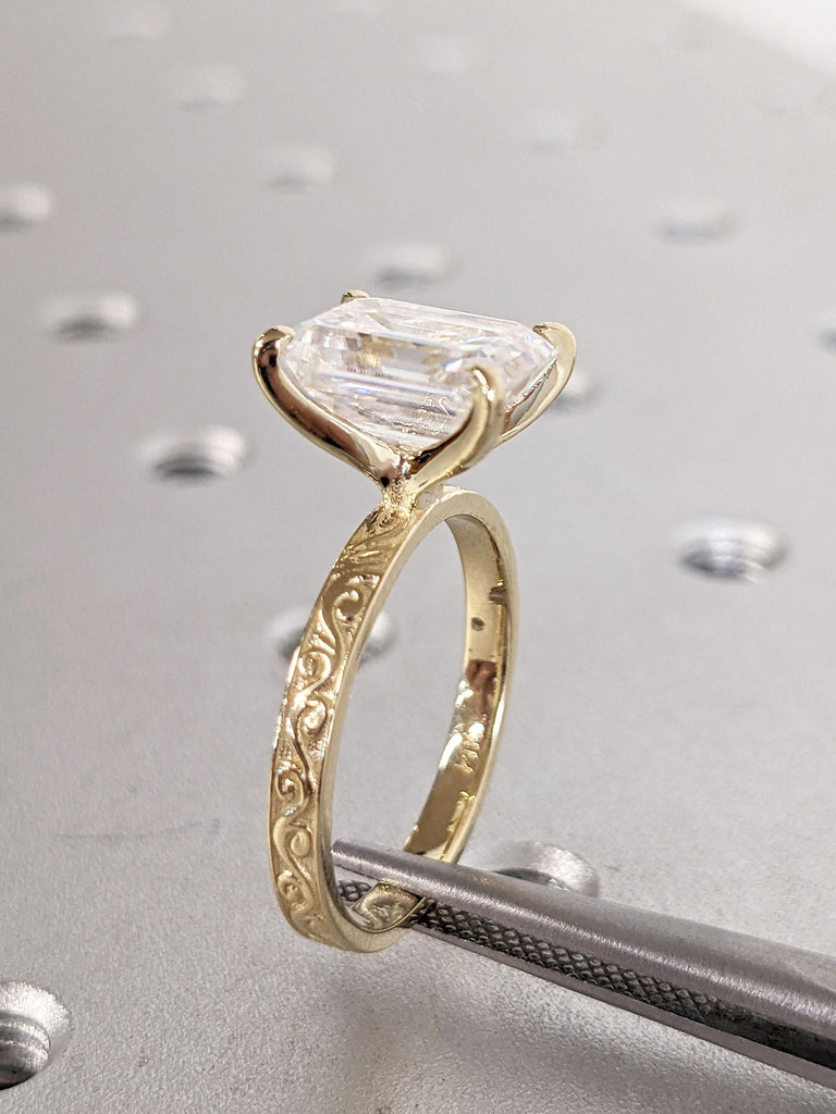 Lab Created Diamond Vintage Engagement Ring | Emerald cut CVD Diamond Solid Gold Promise Ring | Filigree Wedding Ring | Handmade Jewelry