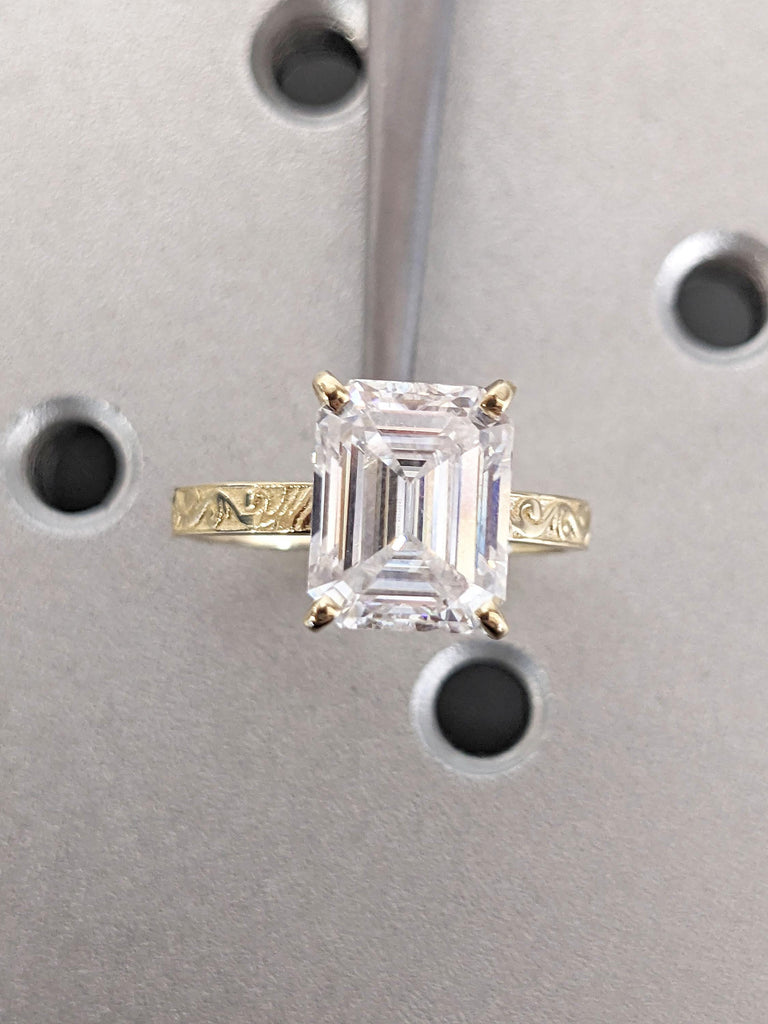 3ct Lab Grown Diamond Solitaire Emerald cut Engagement Ring | F Color VS1 Certified Diamond Vintage Ring | 14k Yellow Gold Rings for Women