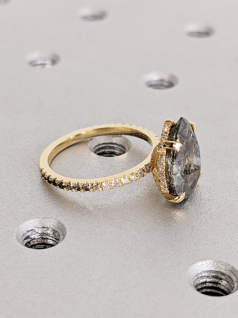Personalized Raw Pear Cut Salt & Pepper Diamond Engagement Ring, 18K Solid Yellow Gold Hidden Halo Ombre Diamond Ring, 4 Prong Diamond Ring