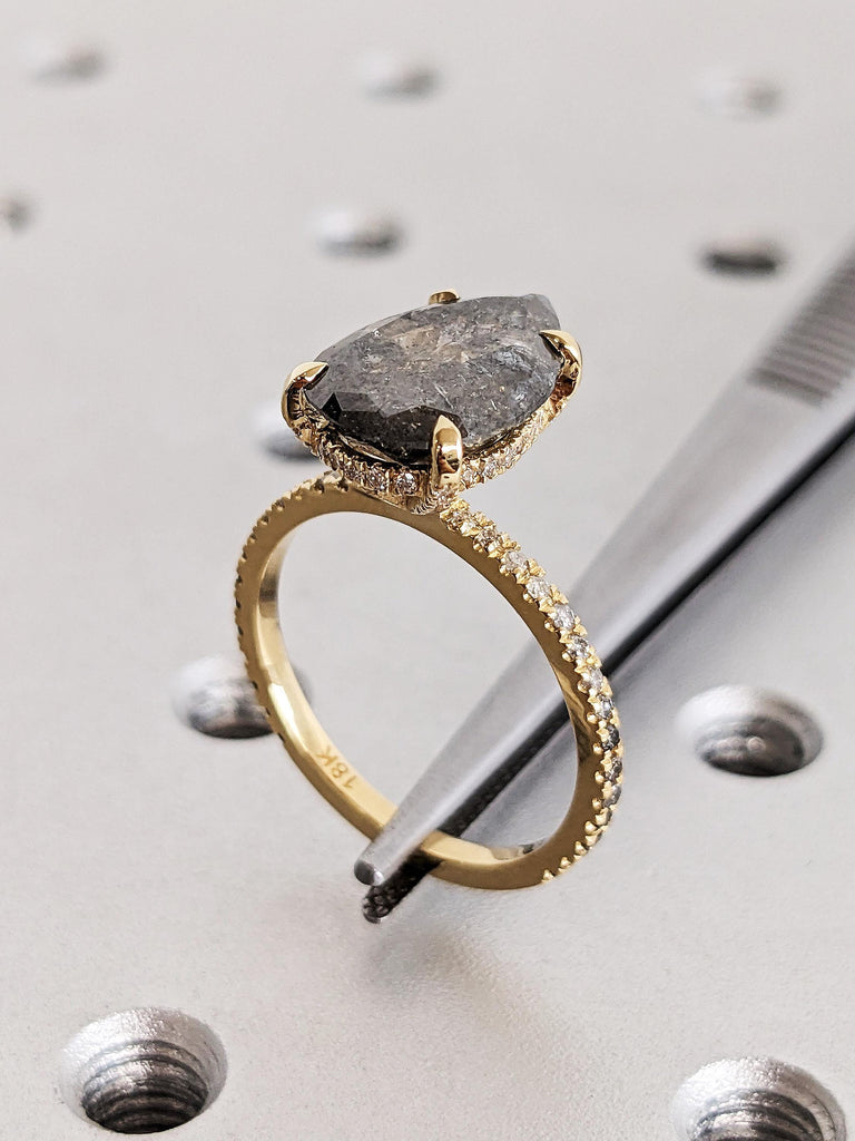 Personalized Raw Pear Cut Salt & Pepper Diamond Engagement Ring, 18K Solid Yellow Gold Hidden Halo Ombre Diamond Ring, 4 Prong Diamond Ring