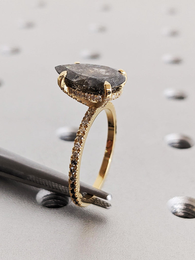 18K Yellow Gold Pear Cut Salt and Pepper Diamond Wedding Ring, Dainty Hidden Halo Diamond Engagement Ring, Custom Ombre Diamond Pavé Band