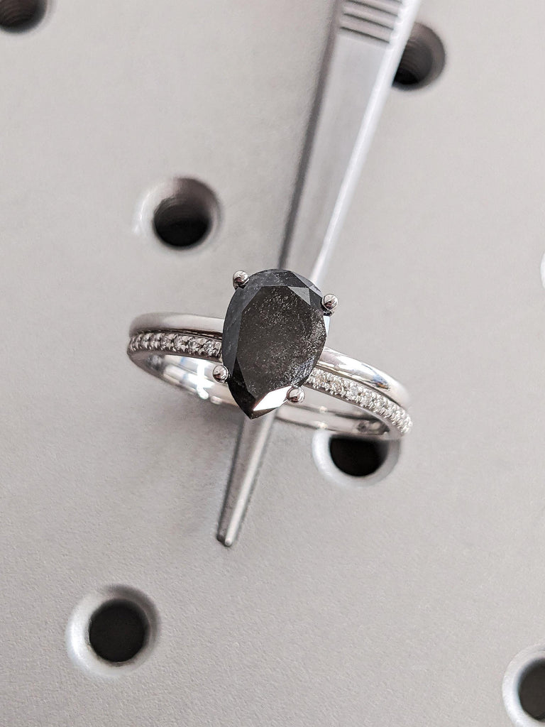 14K Solid White Gold Pear Salt and Pepper Diamond Engagement Ring, Raw Salt & Pepper Bridal Set, Unique Galaxy Diamond Ring, Stacking Rings