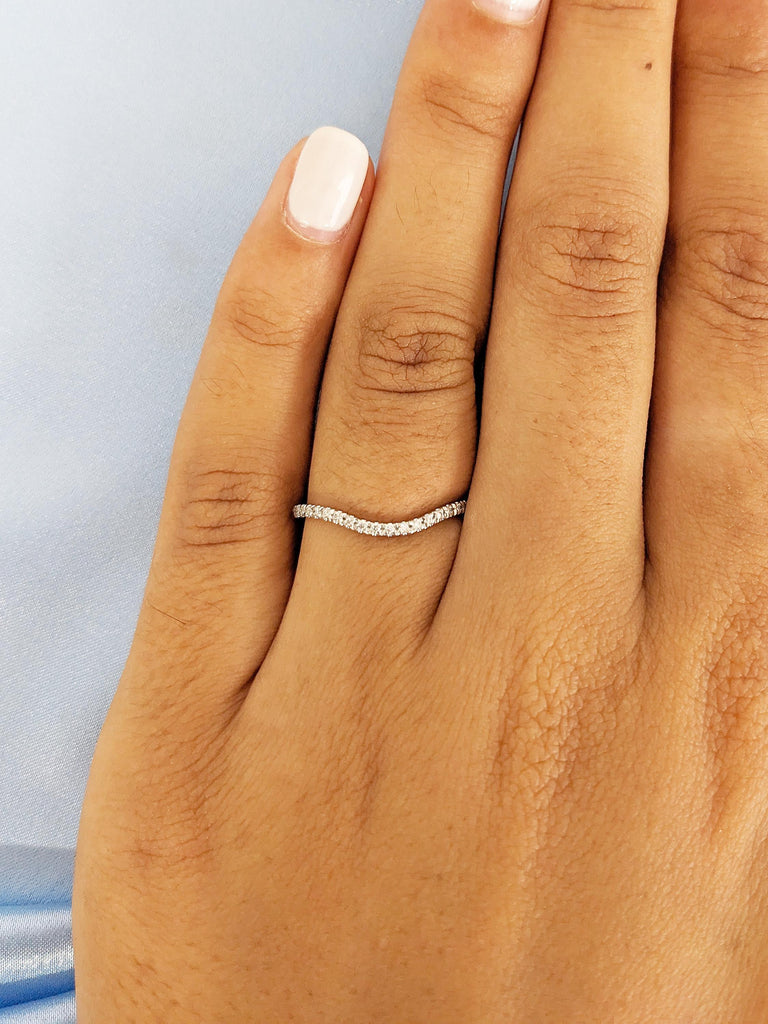Curved Wedding Band, White Gold Stacking Ring, Matching Rings for Women, Moissanite Half Eternity Band, Vintage Wedding Band, Wedding Ring