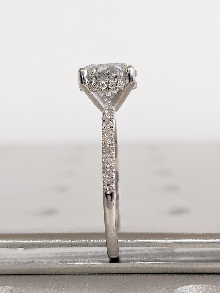 Art Deco Diamond Engagement Ring, Round 1930s Salt and Pepper Diamond Ring, Half Eternity Ring, White Gold Ring, Diamond Hidden Halo Ring
