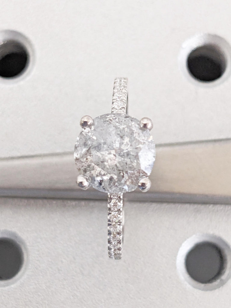 Art Deco Diamond Engagement Ring, Round 1930s Salt and Pepper Diamond Ring, Half Eternity Ring, White Gold Ring, Diamond Hidden Halo Ring