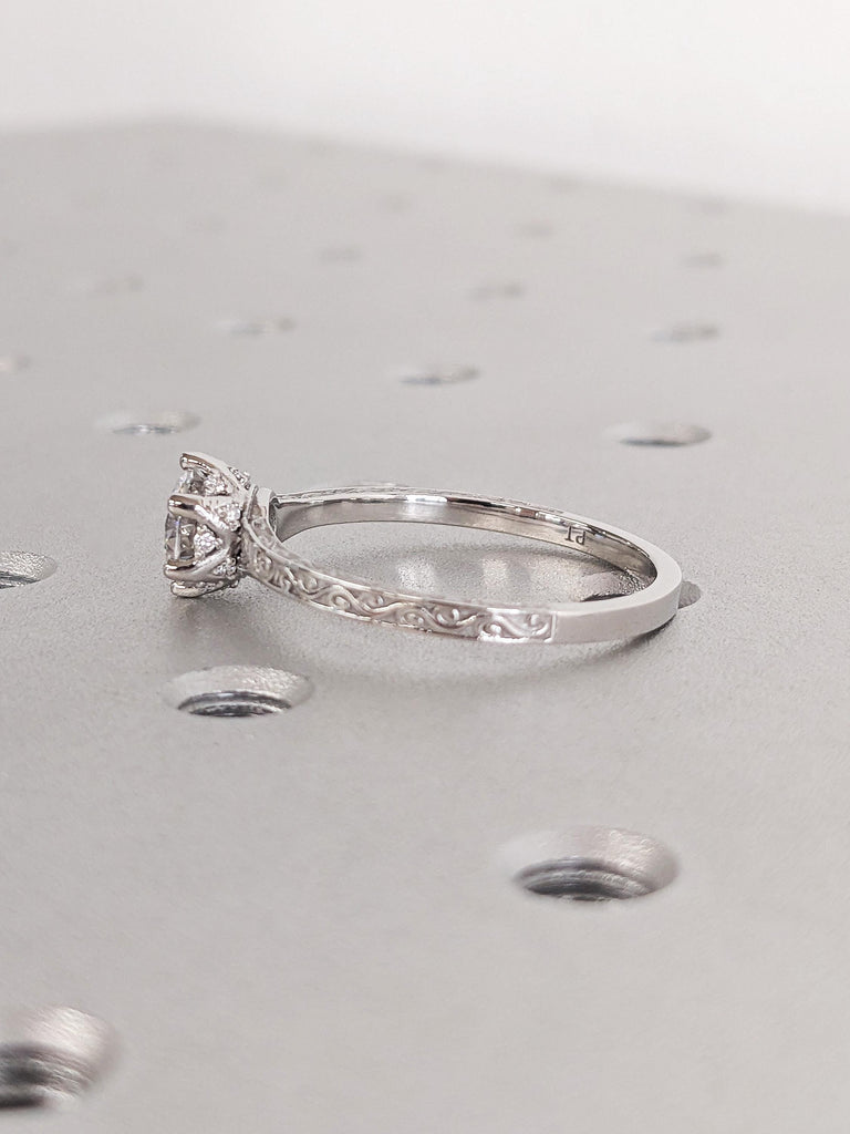 Brilliant Round Lab Diamond Wedding Ring, Vintage Platinum Hidden Halo Diamond Band, Unique Filigree Vine Ring, Eco-Friendly Diamond Ring