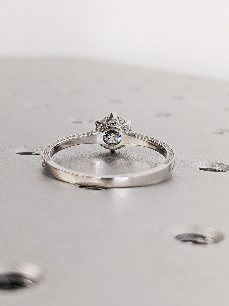 Brilliant Round Lab Diamond Wedding Ring, Vintage Platinum Hidden Halo Diamond Band, Unique Filigree Vine Ring, Eco-Friendly Diamond Ring