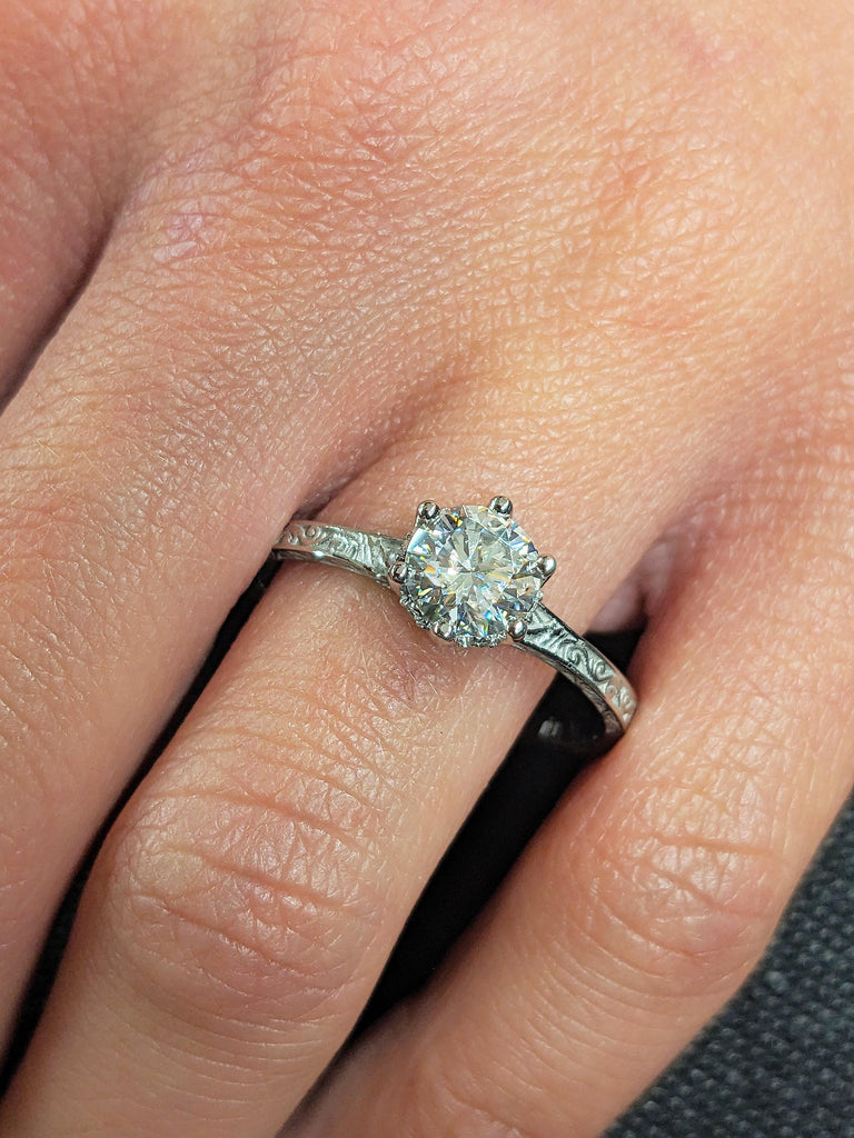 Brilliant Round Lab Diamond Wedding Ring, Vintage Platinum Hidden Halo Diamond Band, Unique Filigree Vine Ring, Eco-Friendly Diamond Ring