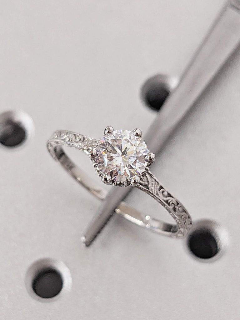 Brilliant Round Lab Diamond Wedding Ring, Vintage Platinum Hidden Halo Diamond Band, Unique Filigree Vine Ring, Eco-Friendly Diamond Ring