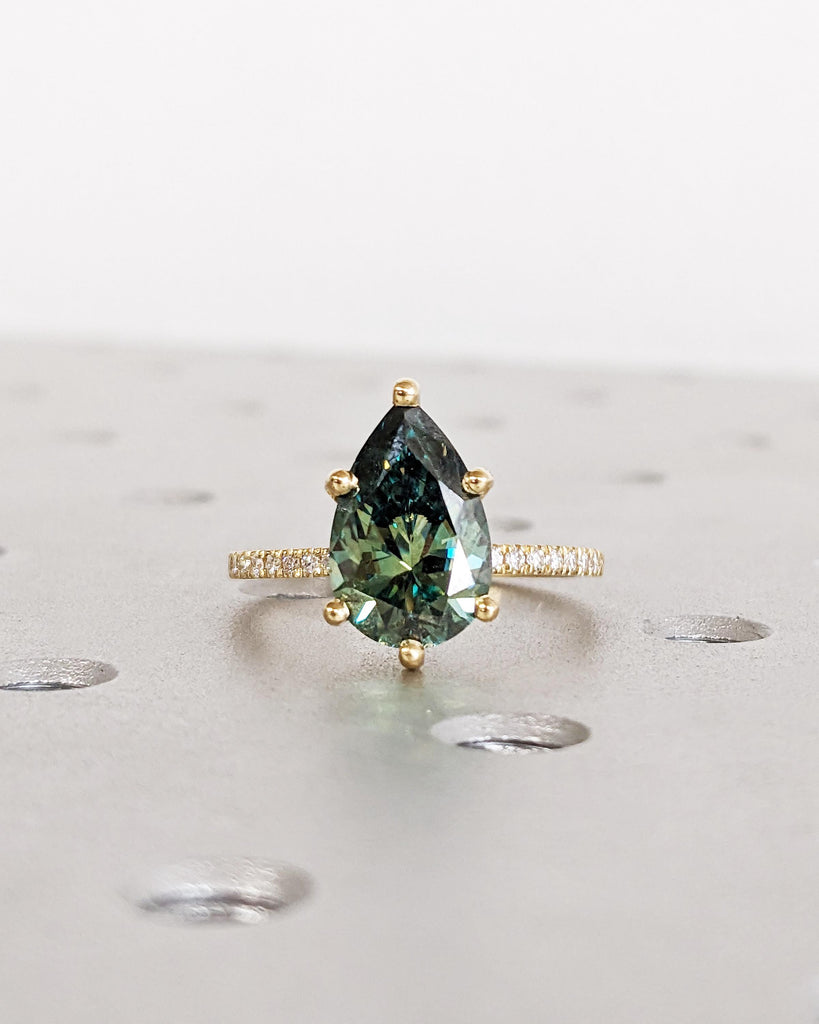 Colored Moissanite Engagement, Green Moissanite Ring, Vintage Blue-Green Pear Engagement Ring, Green Color Moissanite, Diamond Hidden Halo
