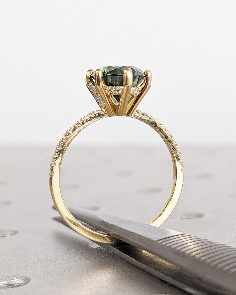 Colored Moissanite Engagement, Green Moissanite Ring, Vintage Blue-Green Pear Engagement Ring, Green Color Moissanite, Diamond Hidden Halo