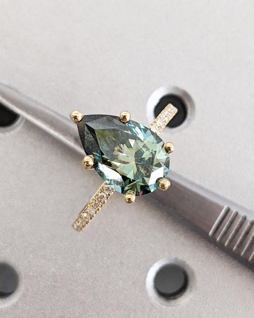 Colored Moissanite Engagement, Green Moissanite Ring, Vintage Blue-Green Pear Engagement Ring, Green Color Moissanite, Diamond Hidden Halo