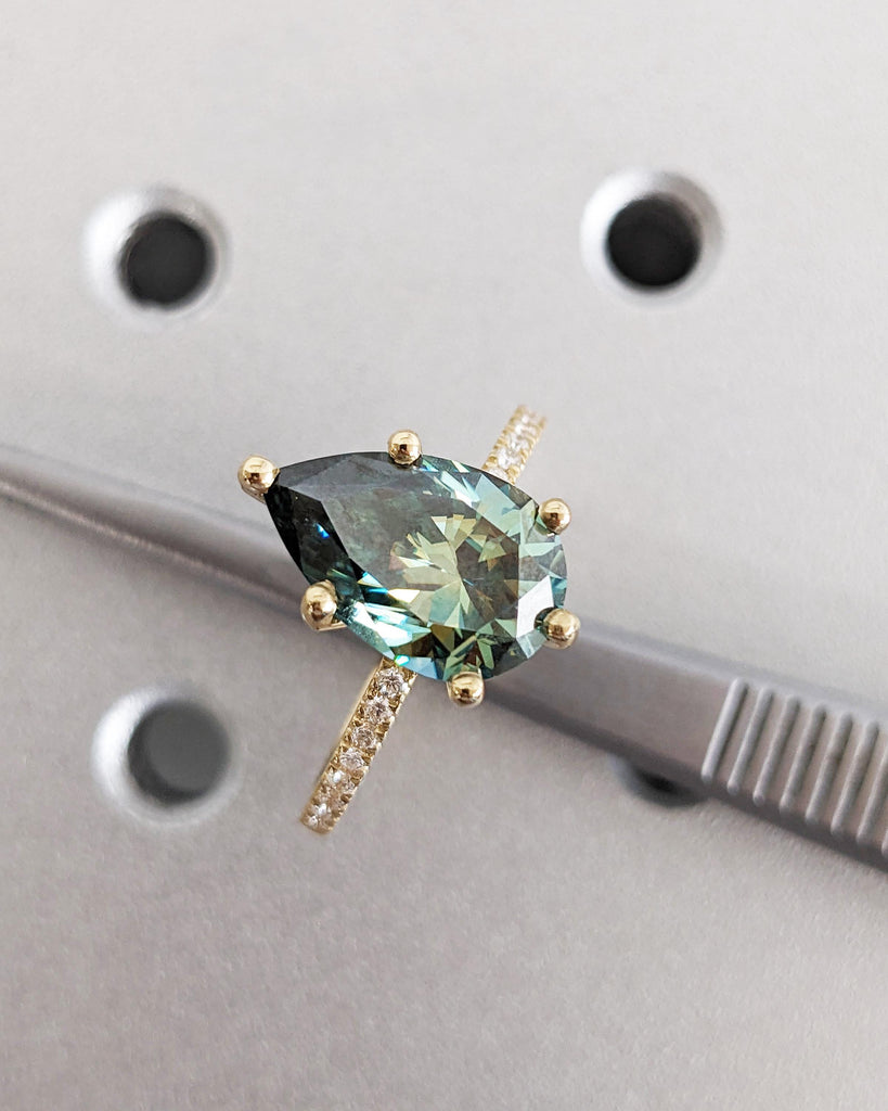 Colored Moissanite Engagement, Green Moissanite Ring, Vintage Blue-Green Pear Engagement Ring, Green Color Moissanite, Diamond Hidden Halo