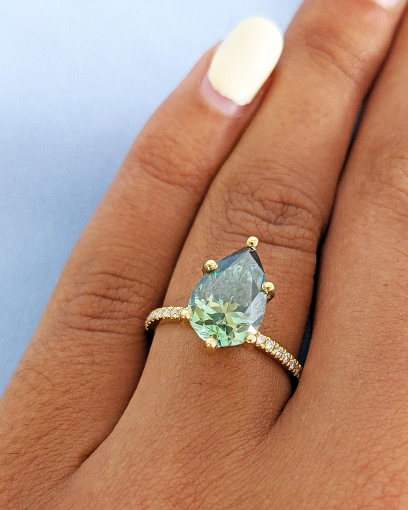 Colored Moissanite Engagement, Green Moissanite Ring, Vintage Blue-Green Pear Engagement Ring, Green Color Moissanite, Diamond Hidden Halo
