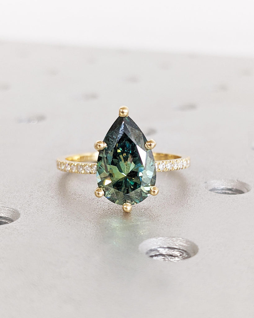 Colored Moissanite Engagement, Green Moissanite Ring, Vintage Blue-Green Pear Engagement Ring, Green Color Moissanite, Diamond Hidden Halo