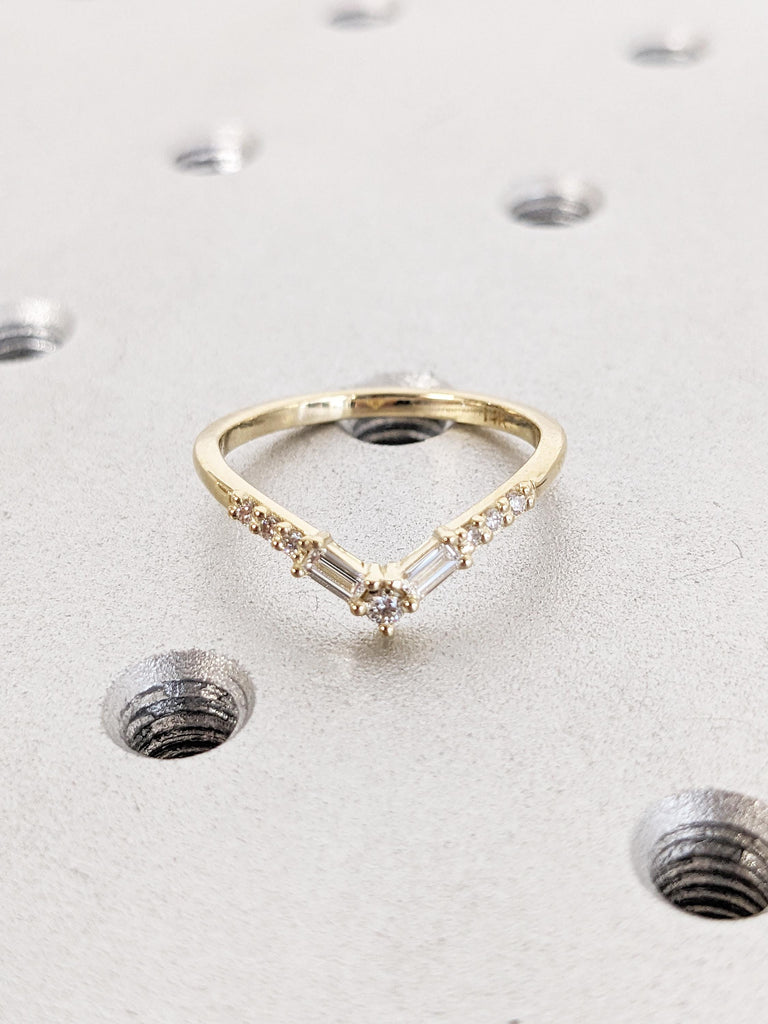 Diamond Chevron Ring | 14k Gold Matching Ring | Round, Baguette Diamond Cluster Ring | Art Deco Curved Wedding Band | Dainty Stackable Ring