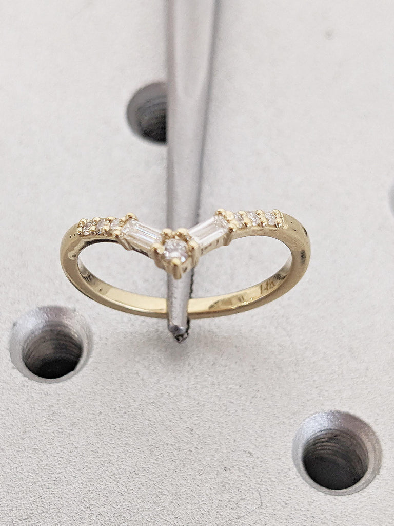 Diamond Chevron Ring | 14k Gold Matching Ring | Round, Baguette Diamond Cluster Ring | Art Deco Curved Wedding Band | Dainty Stackable Ring
