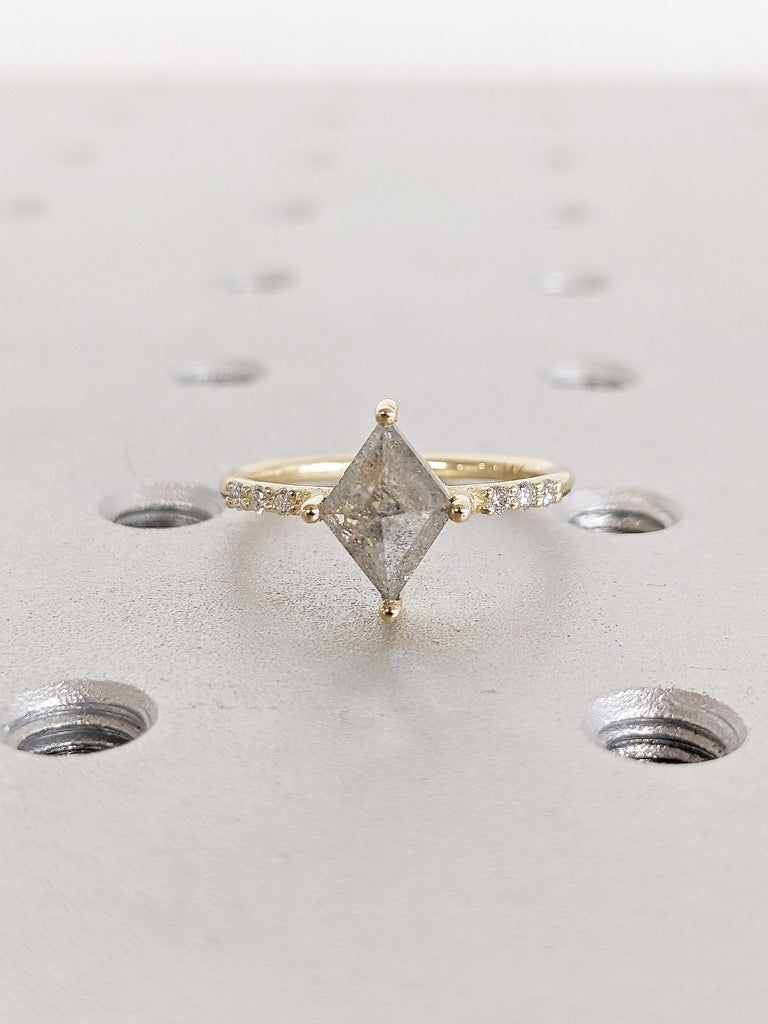 Kite Cut Salt and Pepper Diamond Engagement Ring, 14k Solid Gold Ring