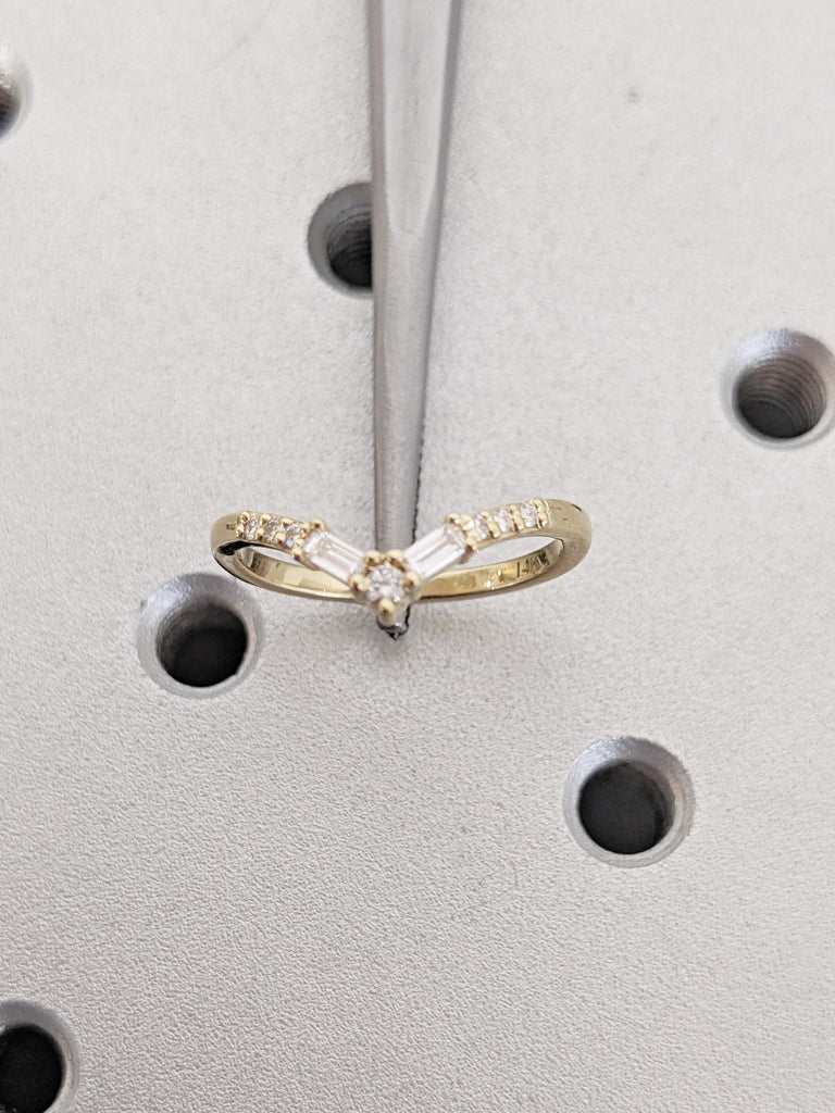 Diamond Chevron Ring | 14k Gold Matching Ring | Round, Baguette Diamond Cluster Ring | Art Deco Curved Wedding Band | Dainty Stackable Ring