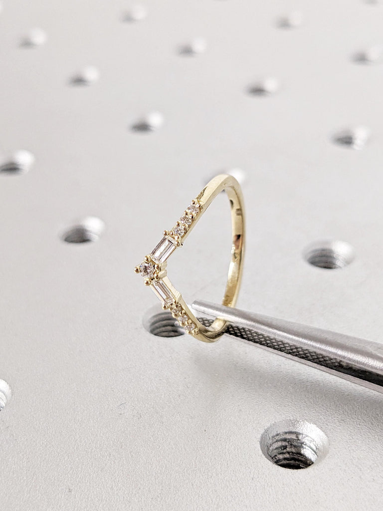 Diamond Chevron Ring | 14k Gold Matching Ring | Round, Baguette Diamond Cluster Ring