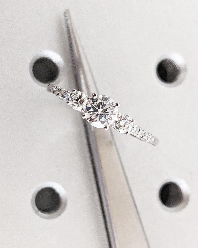Round Cut Moissanite Engagement Ring | Round Three Stone Engagement Ring | Custom Bridal Ring | Promise Ring | Gift for Her | 14K White Gold