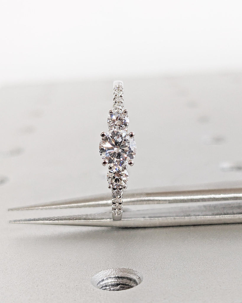 Round Cut Moissanite Engagement Ring | Round Three Stone Engagement Ring | Custom Bridal Ring | Promise Ring | Gift for Her | 14K White Gold