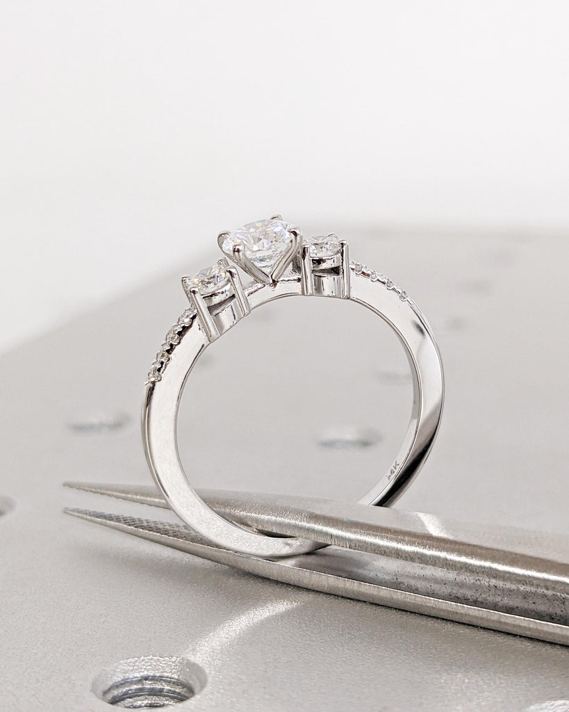Round Cut Moissanite Engagement Ring | Round Three Stone Engagement Ring | Custom Bridal Ring | Promise Ring | Gift for Her | 14K White Gold