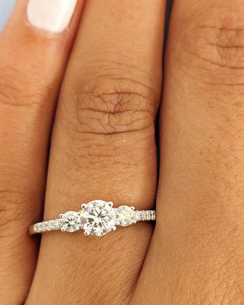 Round Cut Moissanite Engagement Ring | Round Three Stone Engagement Ring | Custom Bridal Ring | Promise Ring | Gift for Her | 14K White Gold