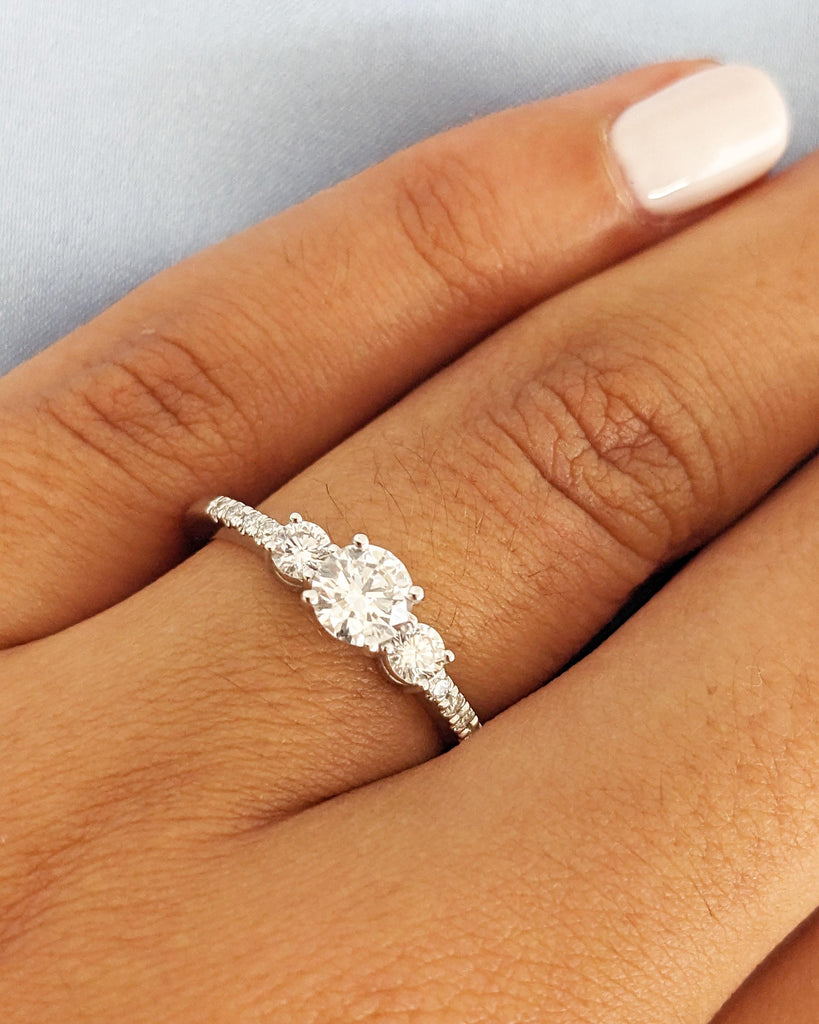 Round Cut Moissanite Engagement Ring | Round Three Stone Engagement Ring | Custom Bridal Ring | Promise Ring | Gift for Her | 14K White Gold