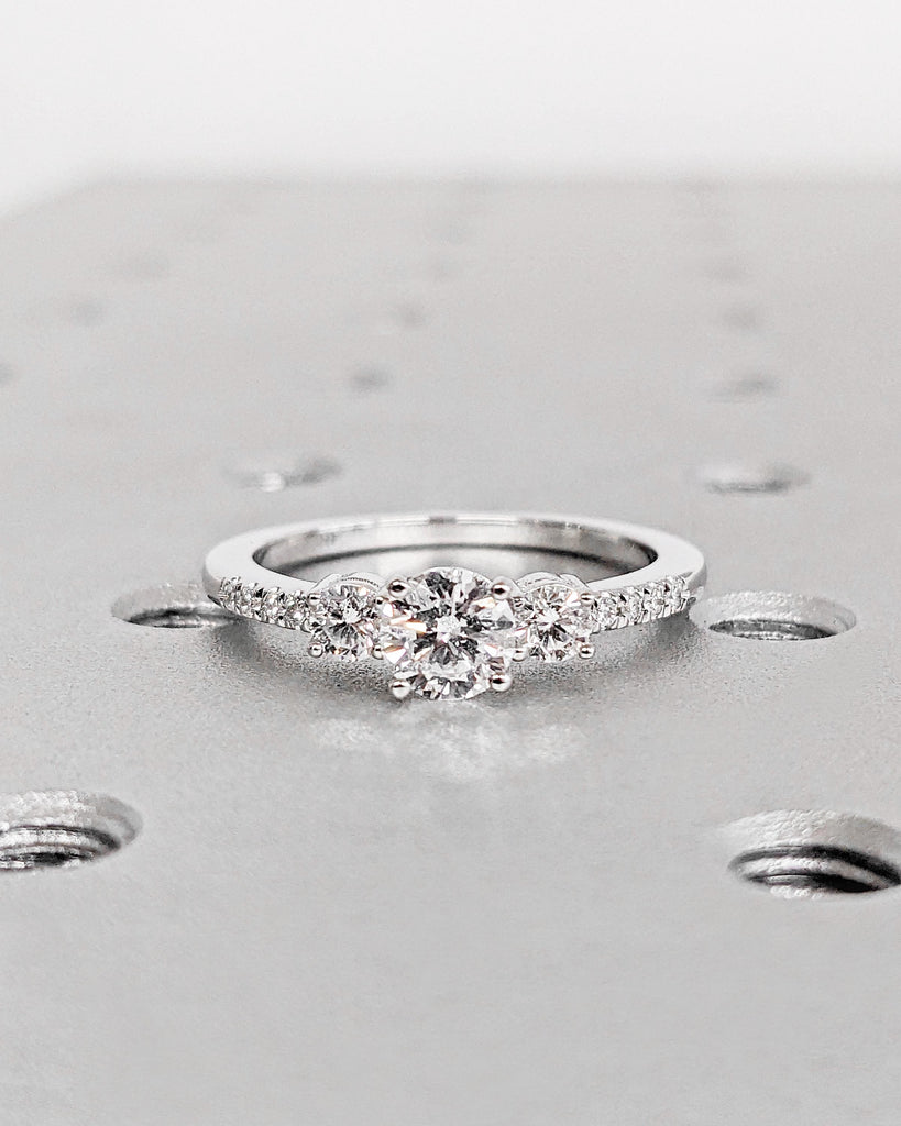 Round Cut Moissanite Engagement Ring | Round Three Stone Engagement Ring | Custom Bridal Ring | Promise Ring | Gift for Her | 14K White Gold