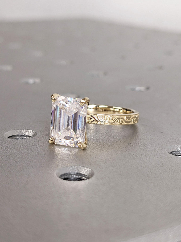 Emerald cut Lab Grown Diamond Solitaire Vintage Engagement Ring | VS1 Certified Diamond Wedding Ring | 14k Solid Yellow Gold Rings for Women