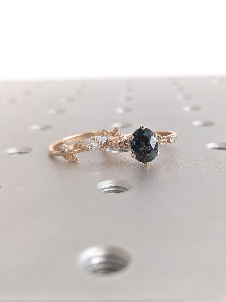 18K Rose Gold Teal Sapphire Ring | Gold Leaf Engagement Ring | Blue Green Stone Ring | Women Oval cut Ring | Floral Ring Handmade Jewelry