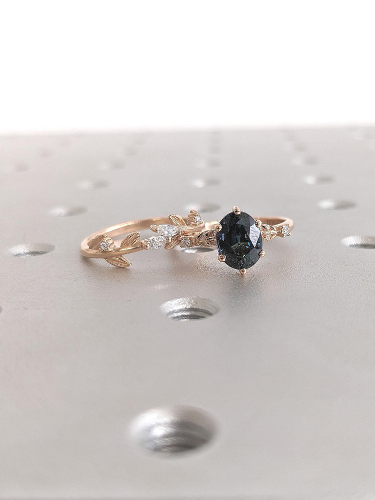 Rose Gold Nature inspired Leaf Ring | Dainty Sapphire Ring | Unique Oval Cut Green Sapphire Engagement Ring Set | Promise Rings For Her