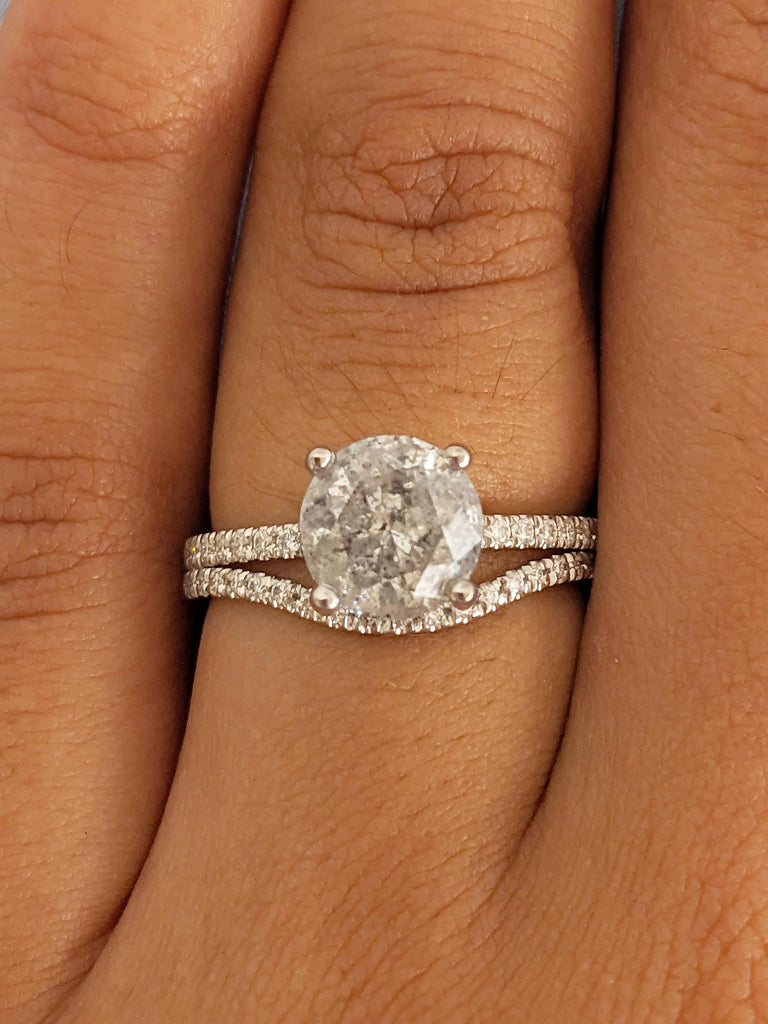 Raw Diamond Engagement Ring, Art Deco Salt and Pepper Ring, 14k White Gold Ring Bridal Set, Curved Wedding Band, Half Eternity Diamond Ring
