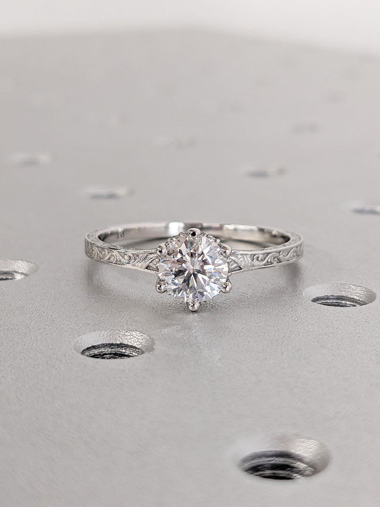 Brilliant Round Lab Diamond Wedding Ring, Vintage Platinum Hidden Halo Diamond Band, Unique Filigree Vine Ring, Eco-Friendly Diamond Ring