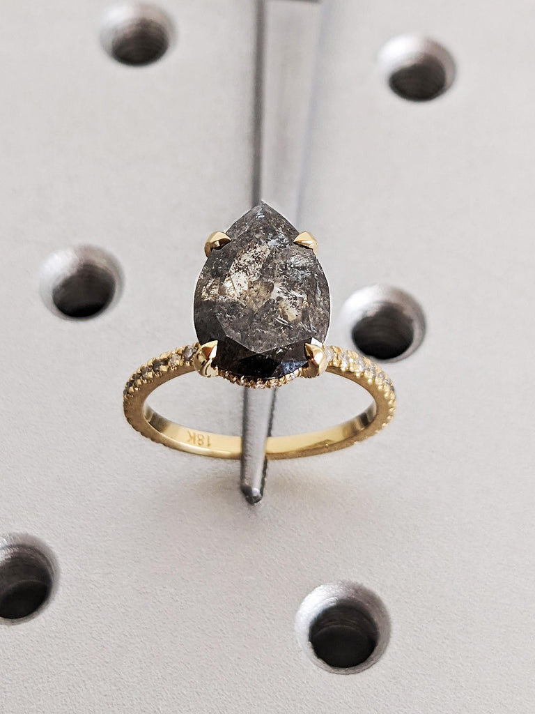 Personalized Raw Pear Cut Salt & Pepper Diamond Engagement Ring, 18K Solid Yellow Gold Hidden Halo Ombre Diamond Ring, 4 Prong Diamond Ring