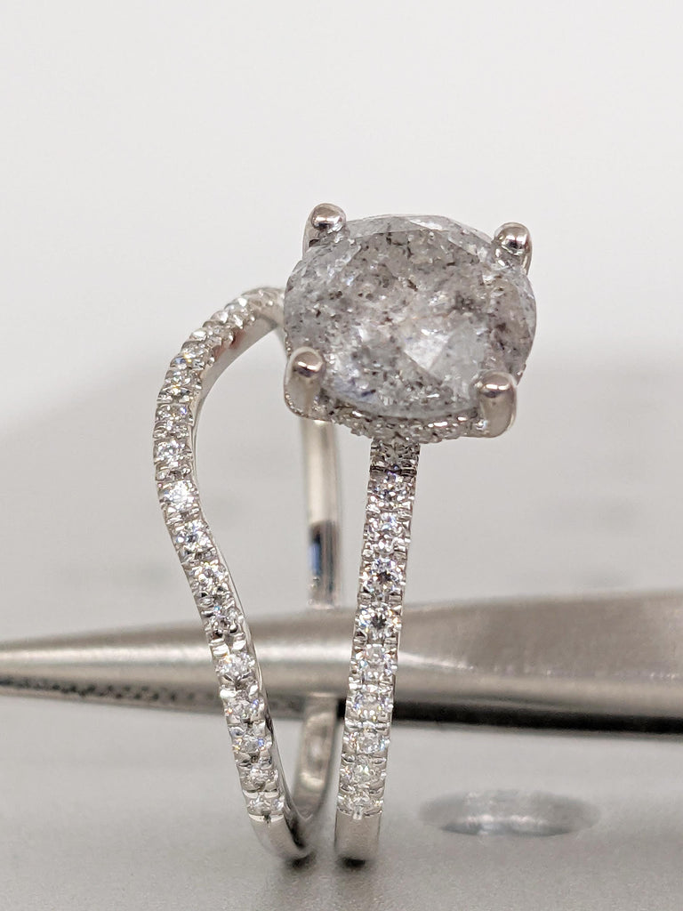 Raw Diamond Engagement Ring, Art Deco Salt and Pepper Ring, 14k White Gold Ring Bridal Set, Curved Wedding Band, Half Eternity Diamond Ring