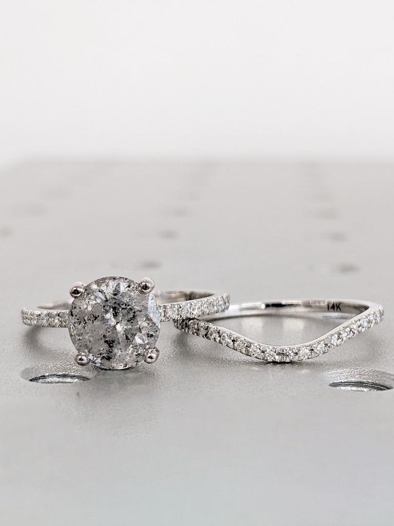 Round Salt and Pepper Diamond Engagement Ring, Unique 14k White Gold Ring Set, Vintage Wedding Ring, Lab Grown Diamond Half Eternity Band