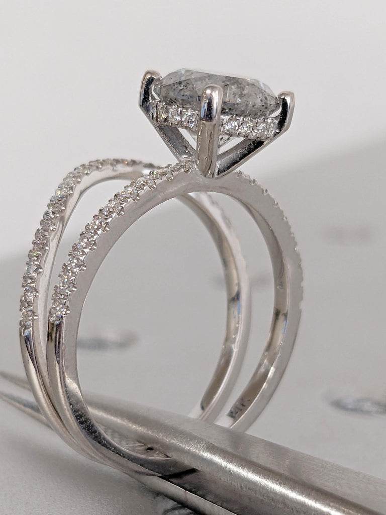 Round Salt and Pepper Diamond Engagement Ring, Unique 14k White Gold Ring Set, Vintage Wedding Ring, Lab Grown Diamond Half Eternity Band