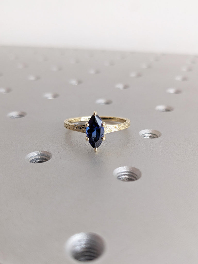 Blue Lab Sapphire Ring, Marquise Engagement Ring, 14K Yellow Gold Filigree Wedding Ring, Petite Thin Band, Gold Statement Ring, Gift for Her