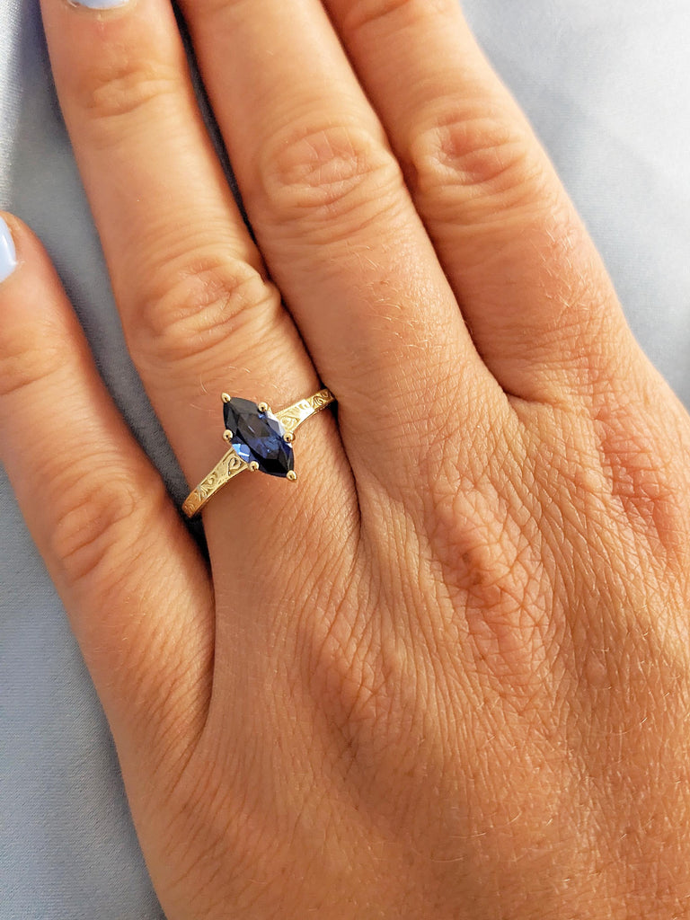 Blue Lab Sapphire Ring, Marquise Engagement Ring, 14K Yellow Gold Filigree Wedding Ring, Petite Thin Band, Gold Statement Ring, Gift for Her