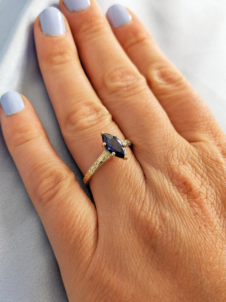 Blue Lab Sapphire Ring, Marquise Engagement Ring, 14K Yellow Gold Filigree Wedding Ring, Petite Thin Band, Gold Statement Ring, Gift for Her
