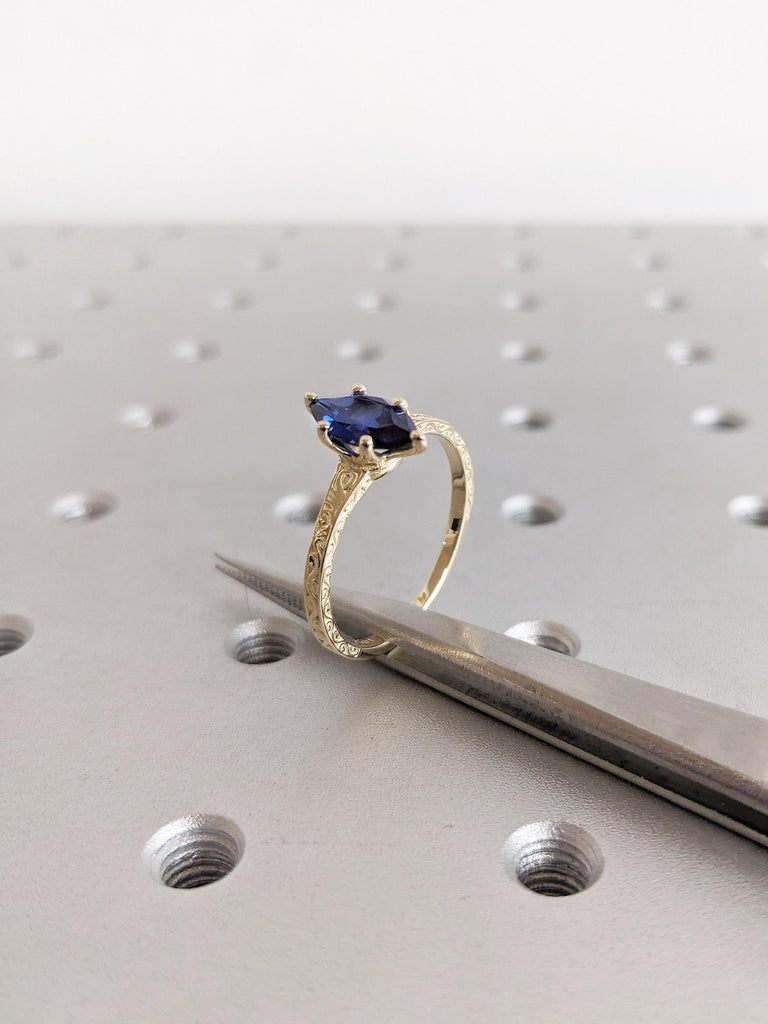 Blue Lab Sapphire Ring, Marquise Engagement Ring, 14K Yellow Gold Filigree Wedding Ring, Petite Thin Band, Gold Statement Ring, Gift for Her
