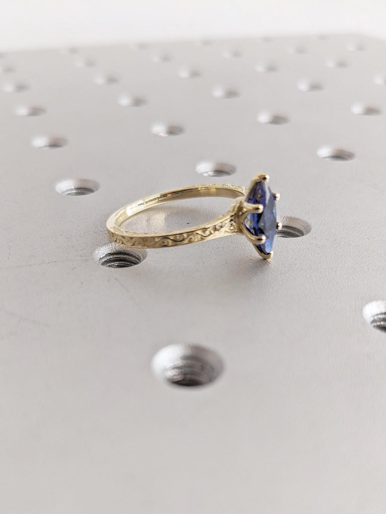 Blue Lab Sapphire Ring, Marquise Engagement Ring, 14K Yellow Gold Filigree Wedding Ring, Petite Thin Band, Gold Statement Ring, Gift for Her