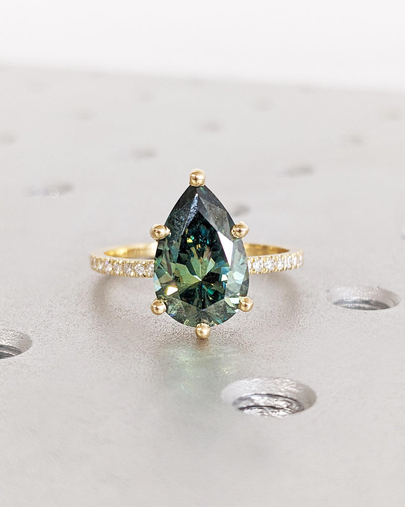 Colored Moissanite Engagement Ring Set, Green Moissanite Ring, Vintage Green Pear Engagement Ring, Hidden Halo Pavé Diamond Wedding Band Set