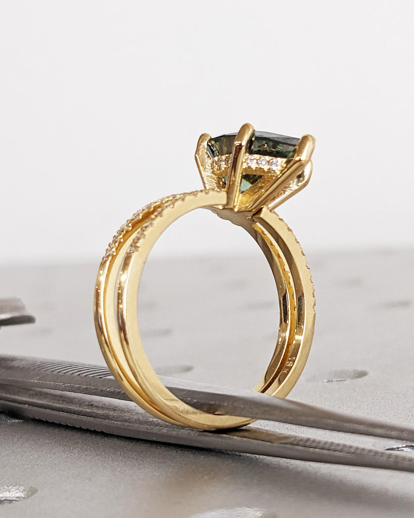 Colored Moissanite Engagement Ring Set, Green Moissanite Ring, Vintage Green Pear Engagement Ring, Hidden Halo Pavé Diamond Wedding Band Set