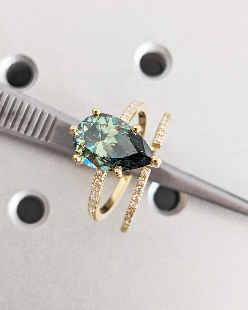 Colored Moissanite Engagement Ring Set, Green Moissanite Ring, Vintage Green Pear Engagement Ring, Hidden Halo Pavé Diamond Wedding Band Set